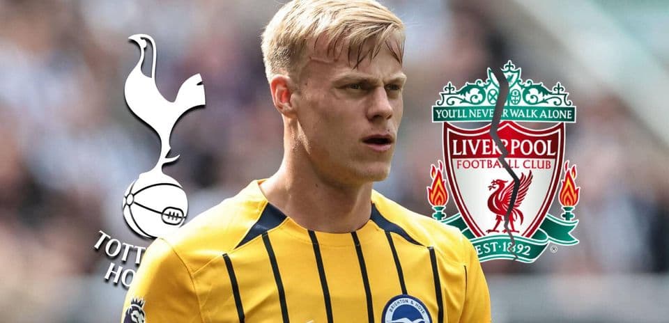 Jugador de Brighton con logos de Tottenham y Liverpool