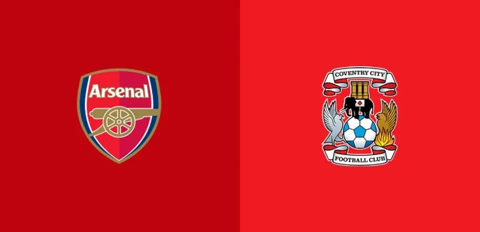 Logos de Arsenal y Coventry City en fondo rojo