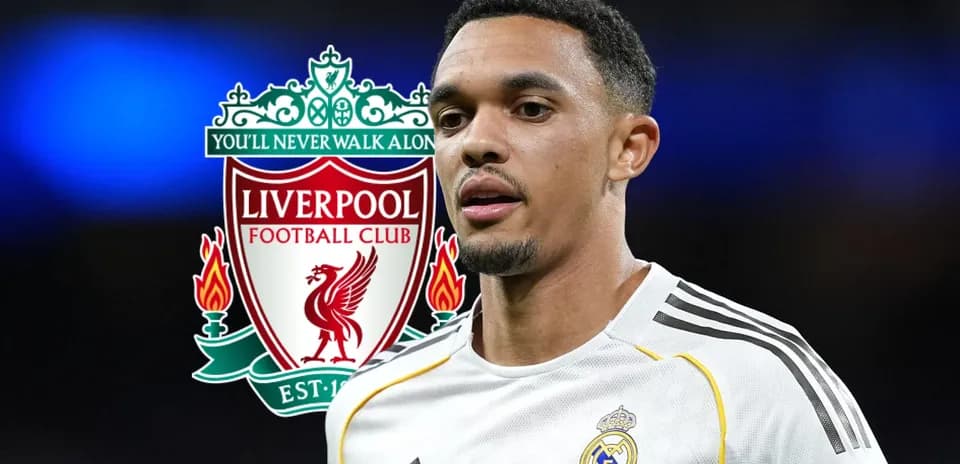 Jugador con uniforme de Real Madrid junto a logo de Liverpool
