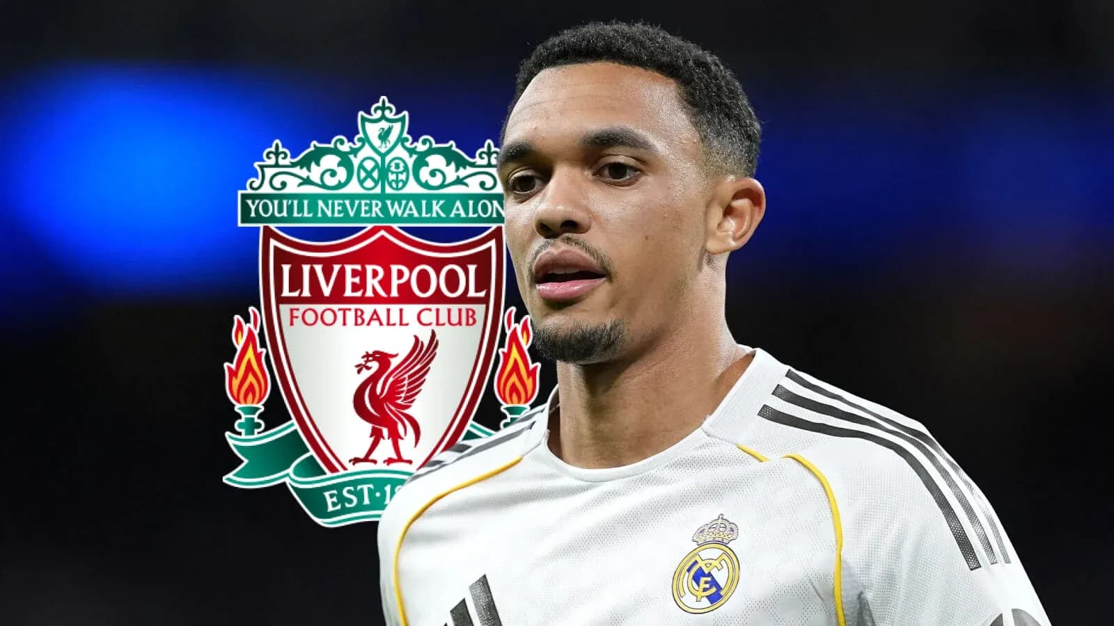 Jugador con uniforme de Real Madrid junto a logo de Liverpool