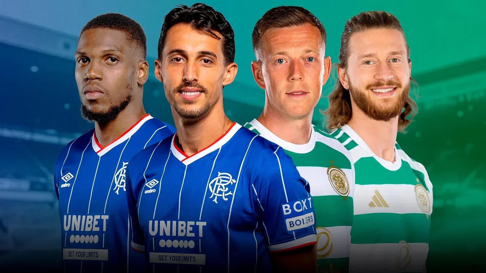 Jugadores de Rangers y Celtic en sus uniformes