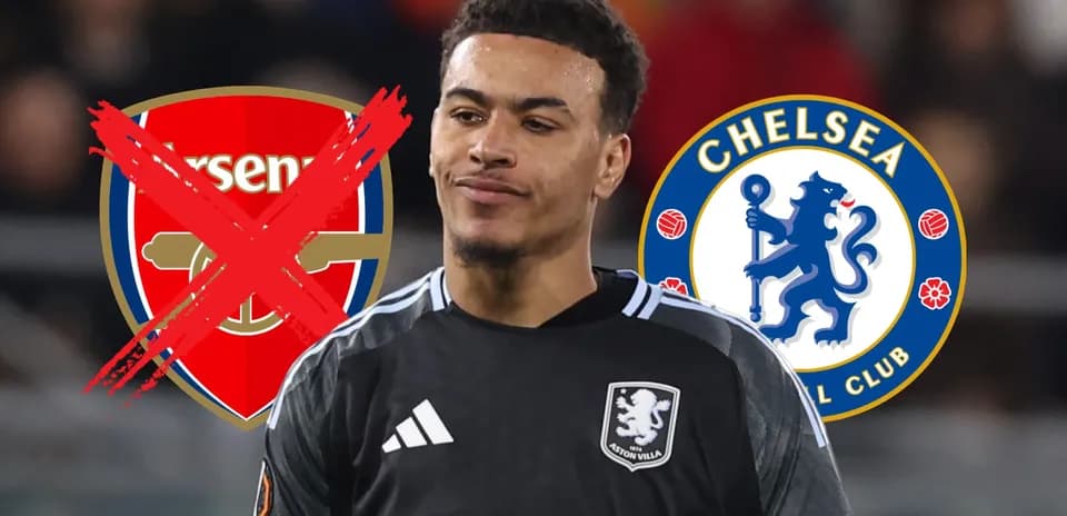 Jugador con camiseta de Aston Villa entre logos de Arsenal y Chelsea
