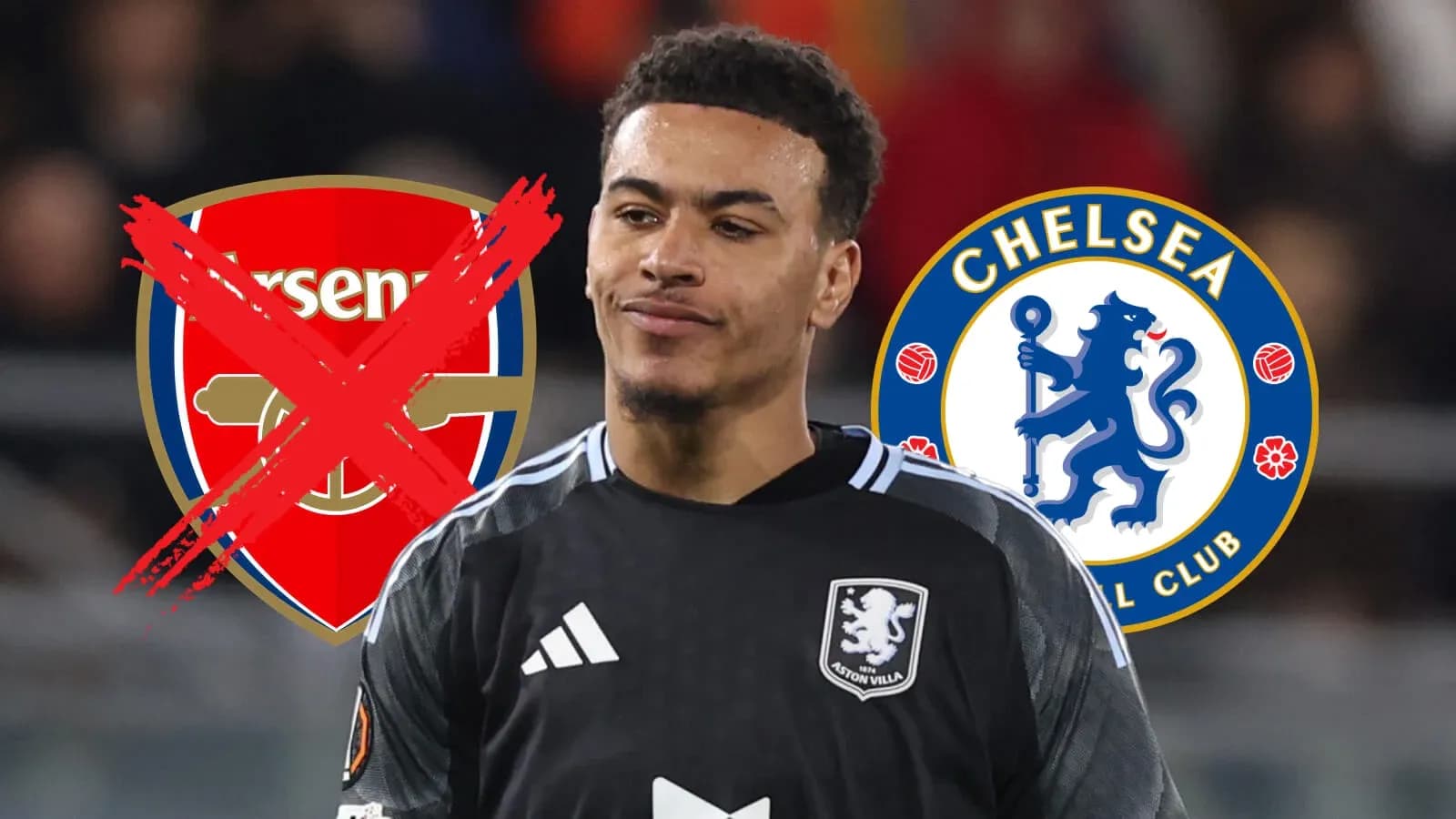 Jugador con camiseta de Aston Villa entre logos de Arsenal y Chelsea