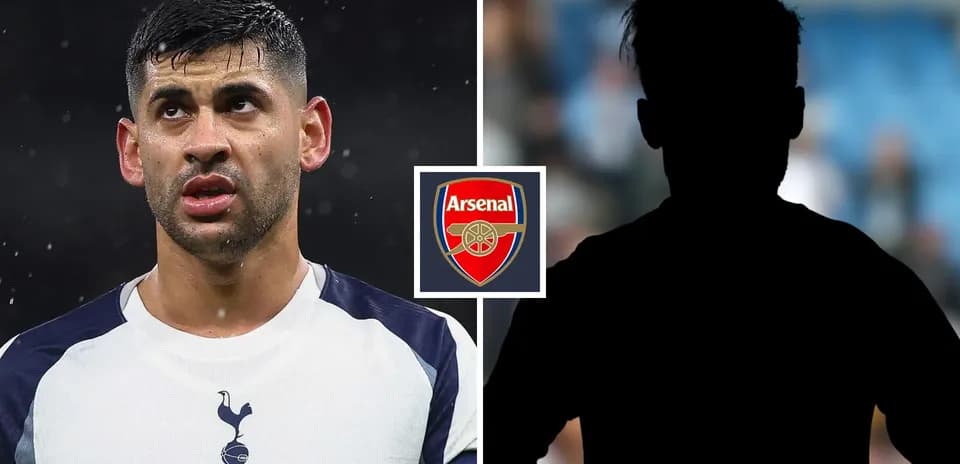 Jugador de Tottenham junto al escudo de Arsenal