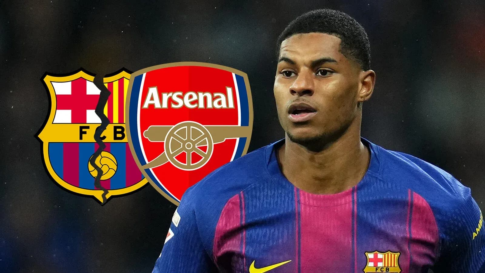 Jugador de fútbol con logos de Barcelona y Arsenal
