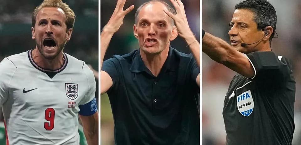 Harry Kane, Thomas Tuchel, y árbitro durante un partido