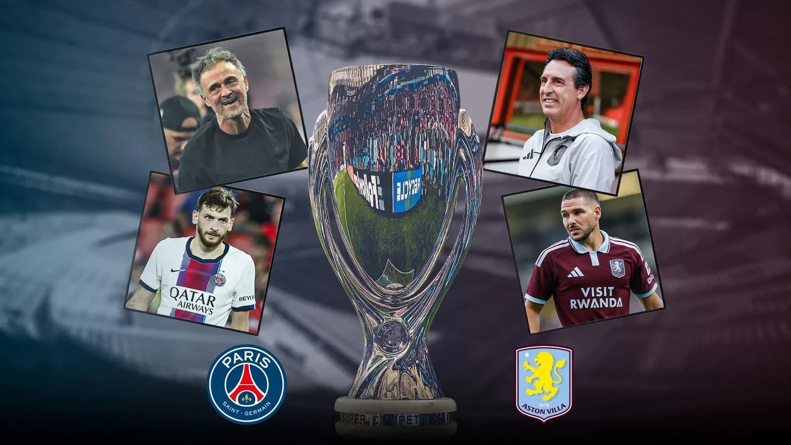Trofeo con entrenadores y jugadores de PSG y Aston Villa Trofeo con entrenadores y jugadores de PSG y Aston Villa
