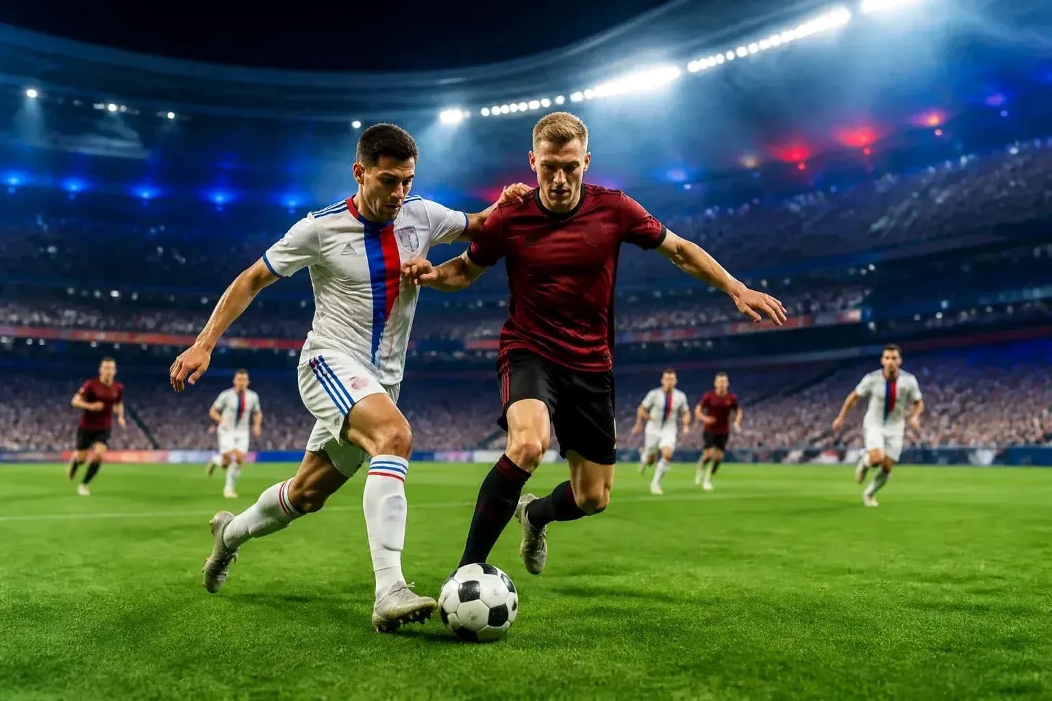 Dos jugadores compitiendo por el balón en partido Dos jugadores compitiendo por el balón en partido
