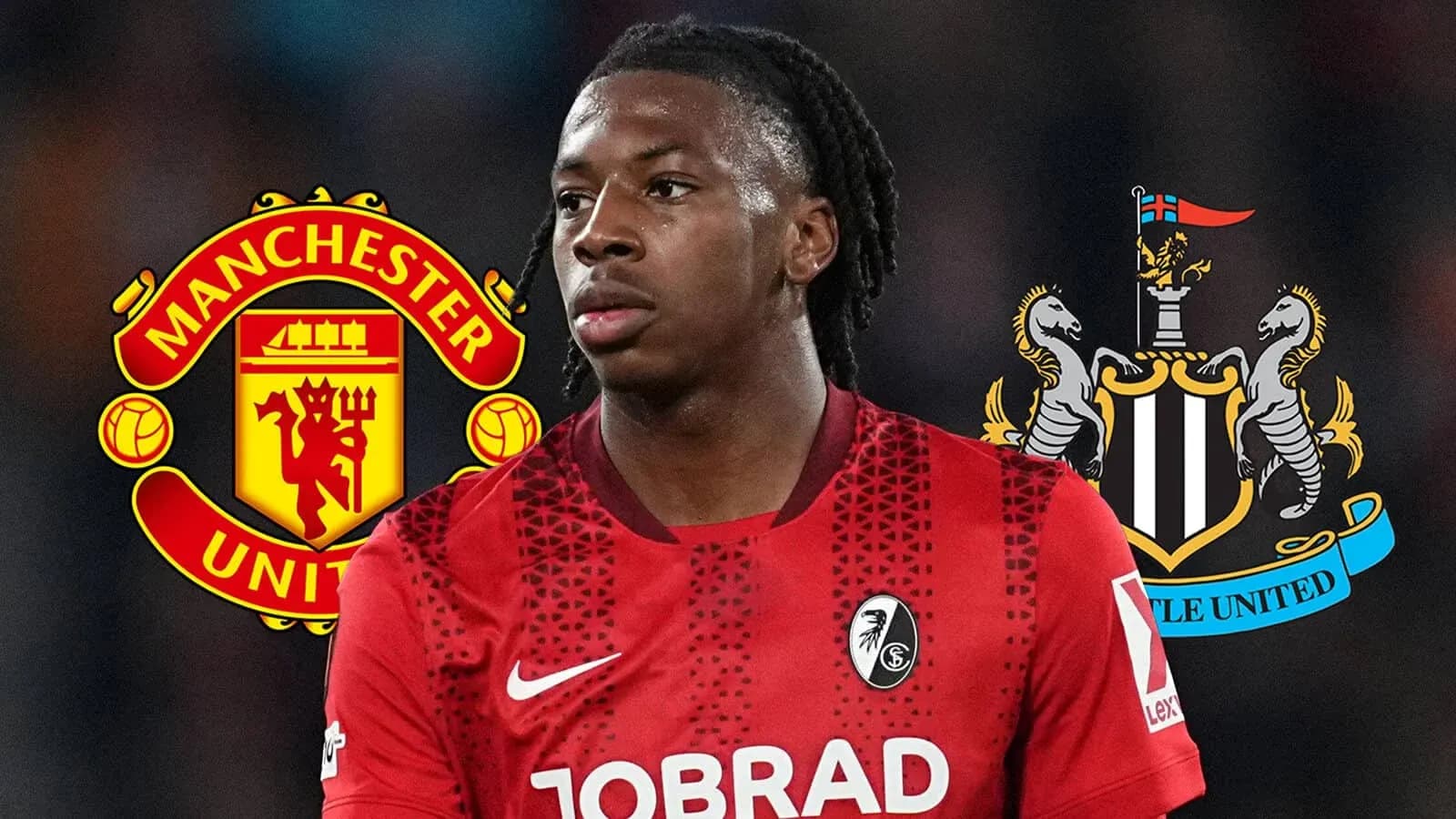 Jugador de fútbol con logos de Manchester United y Newcastle Jugador de fútbol con logos de Manchester United y Newcastle
