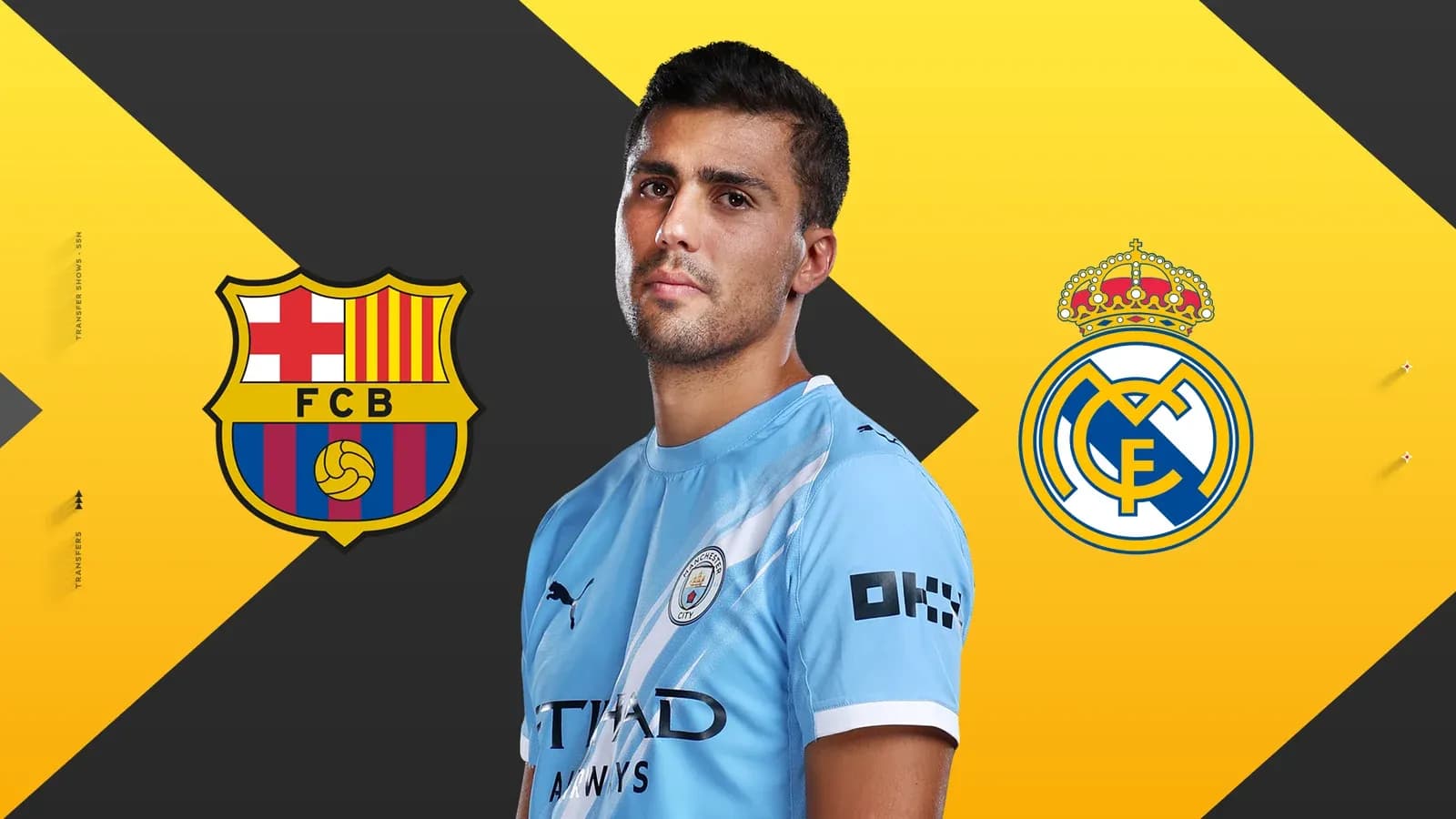 Jugador en camiseta del Manchester City con logos de Barça y Madrid Jugador en camiseta del Manchester City con logos de Barça y Madrid