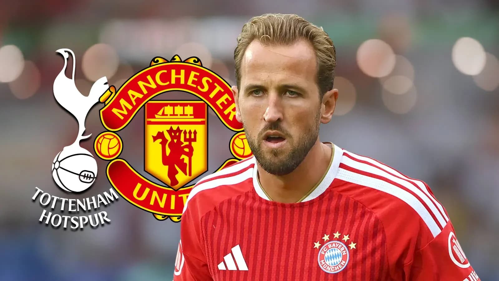 Harry Kane en uniforme de Bayern Múnich con logos Harry Kane en uniforme de Bayern Múnich con logos