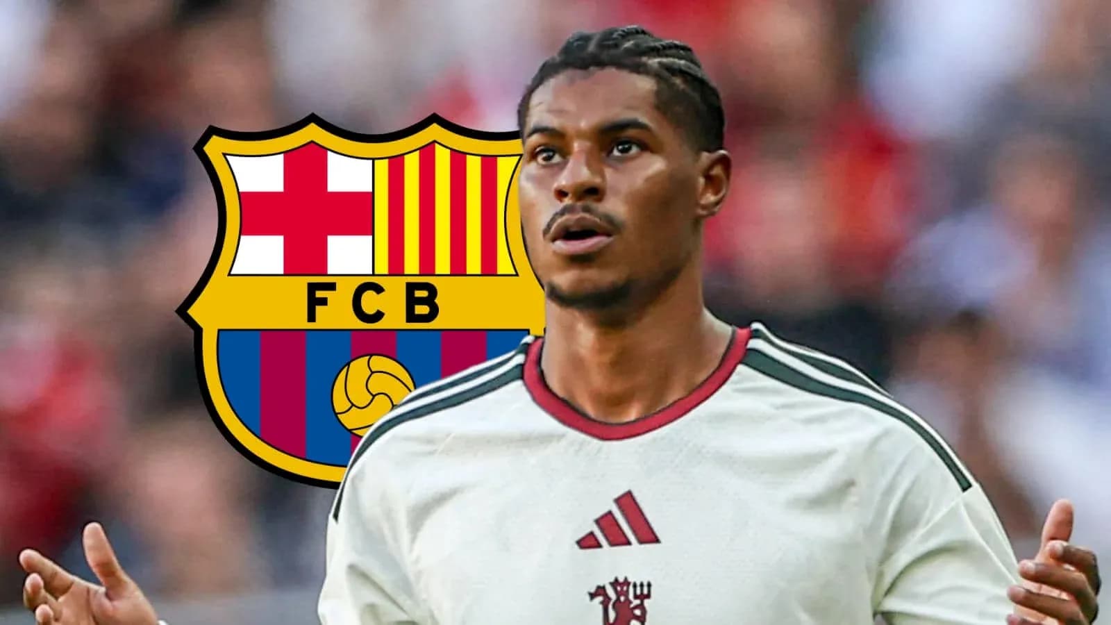 Jugador con camiseta blanca frente al logo de Barcelona Jugador con camiseta blanca frente al logo de Barcelona