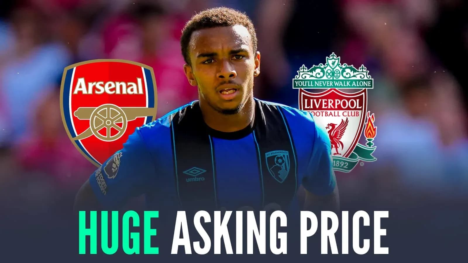 Jugador de Bournemouth entre logotipos de Arsenal y Liverpool Jugador de Bournemouth entre logotipos de Arsenal y Liverpool