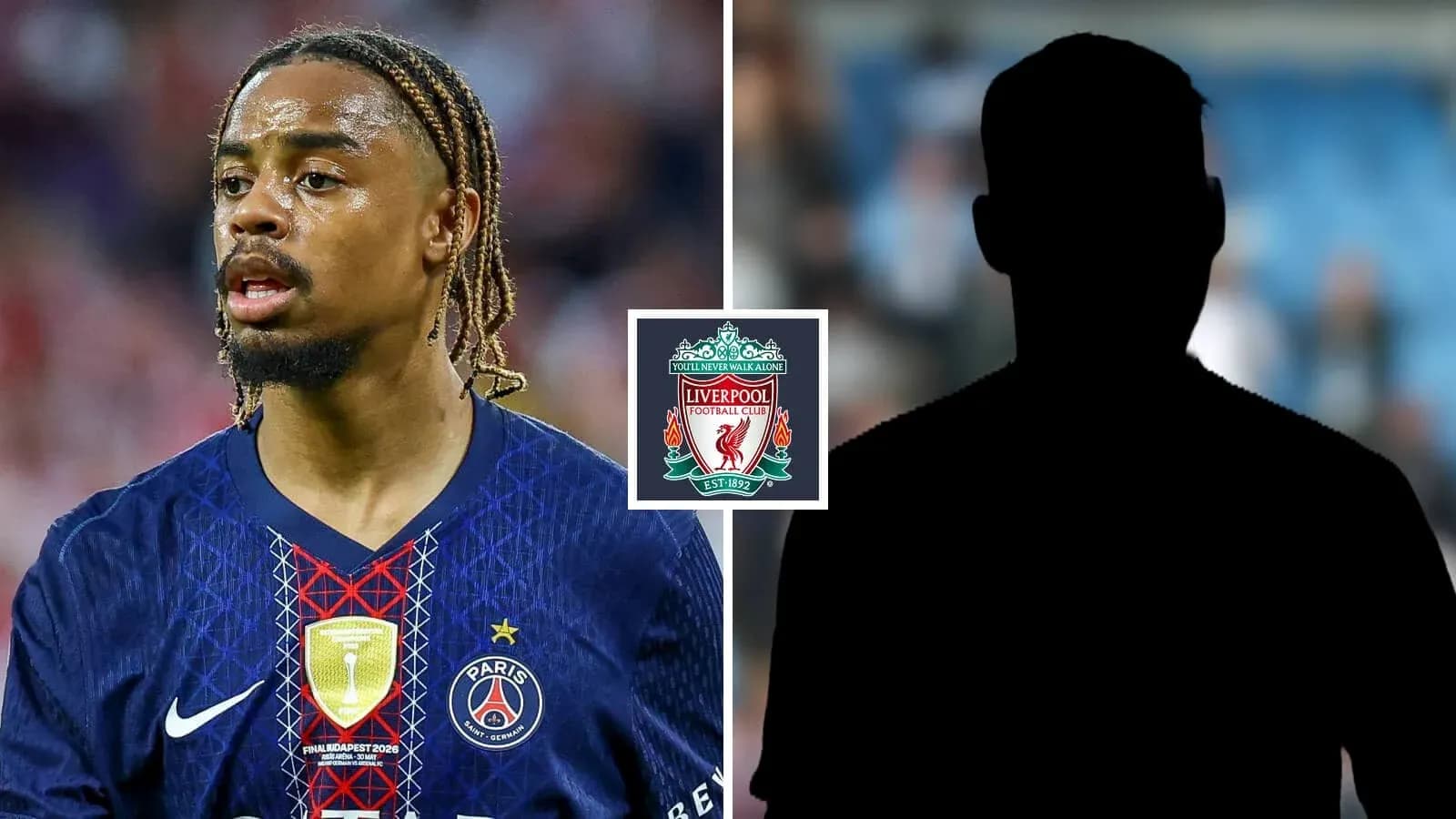 Jugador de PSG con logo de Liverpool de fondo Jugador de PSG con logo de Liverpool de fondo