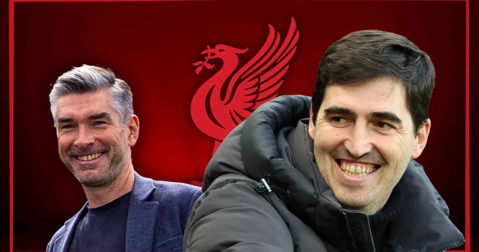 Entrenadores sonriendo con fondo del logo de Liverpool Entrenadores sonriendo con fondo del logo de Liverpool