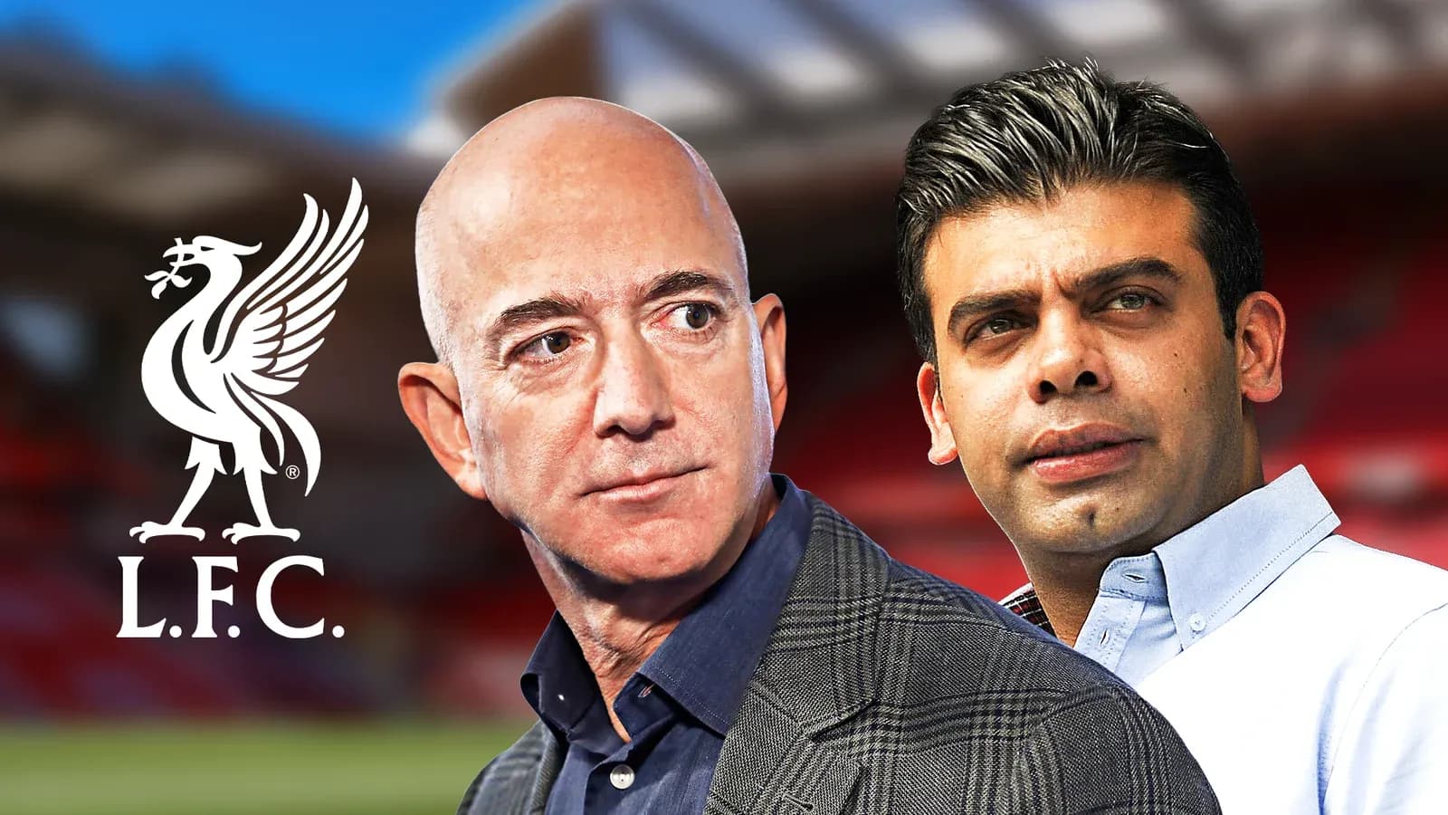 Jeff Bezos y otro ejecutivo frente al estadio de Liverpool Jeff Bezos y otro ejecutivo frente al estadio de Liverpool