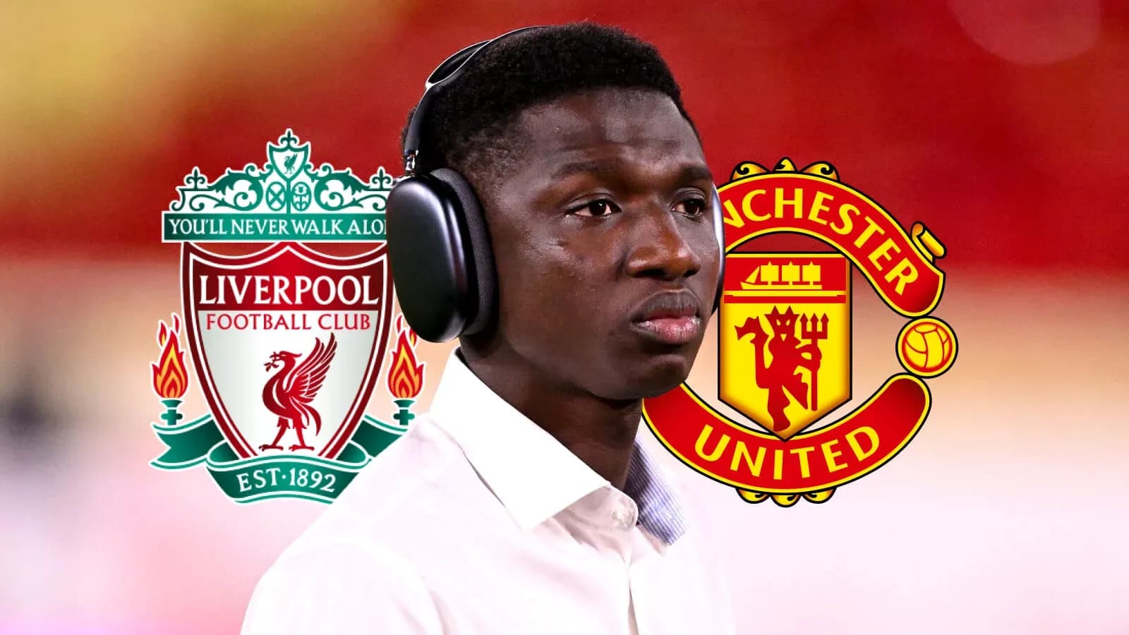 Jugador con auriculares entre logos de Liverpool y Manchester United Jugador con auriculares entre logos de Liverpool y Manchester United