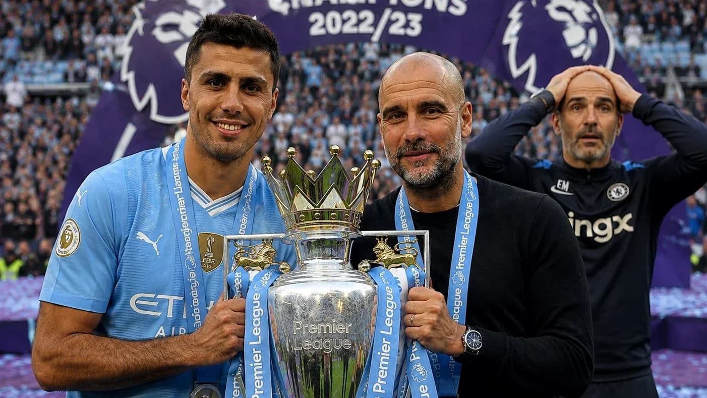Jugadores de Manchester City celebrando el trofeo Premier League Jugadores de Manchester City celebrando el trofeo Premier League