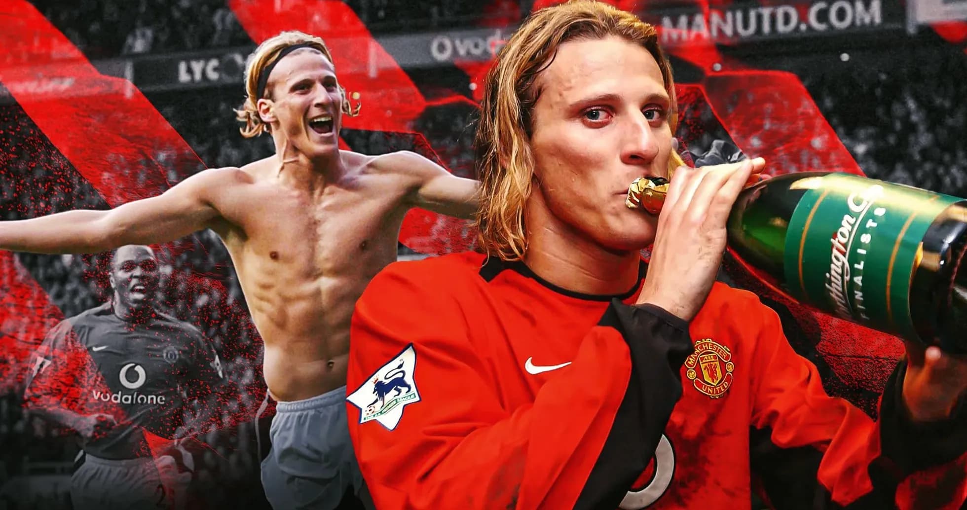 Jugador de Manchester United celebrando con botella de champán Jugador de Manchester United celebrando con botella de champán