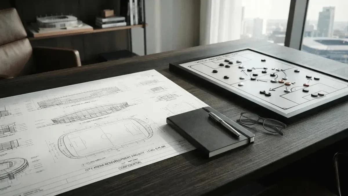 Planos y tablero táctico en una mesa de oficina Planos y tablero táctico en una mesa de oficina