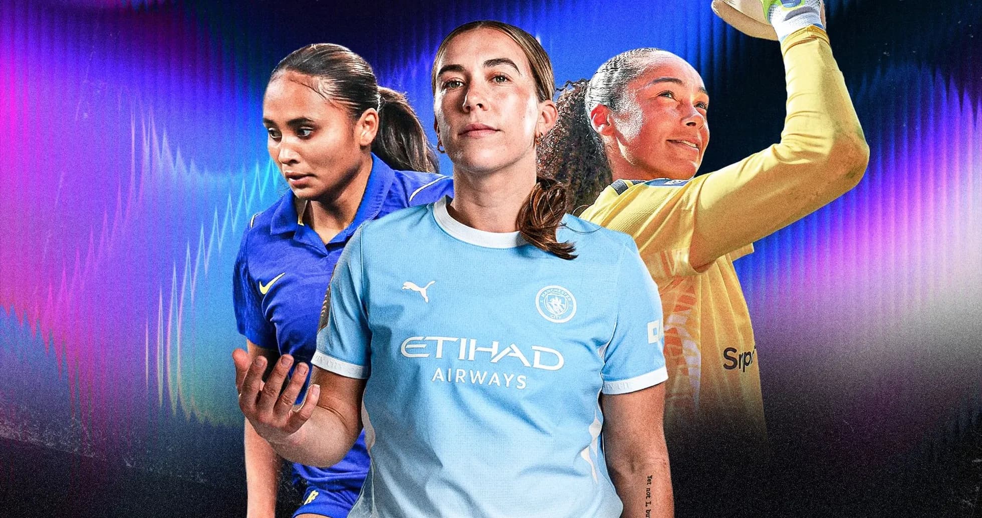 Jugadora en camiseta de Manchester City con fondo colorido Jugadora en camiseta de Manchester City con fondo colorido