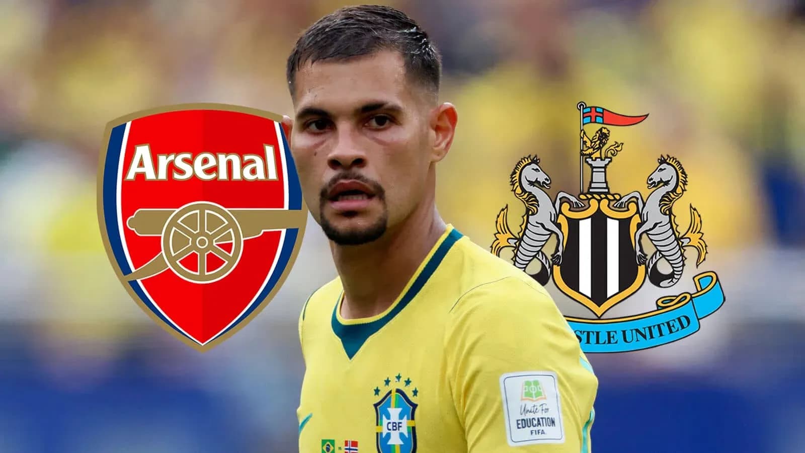 Jugador brasileño con escudos de Arsenal y Newcastle Jugador brasileño con escudos de Arsenal y Newcastle
