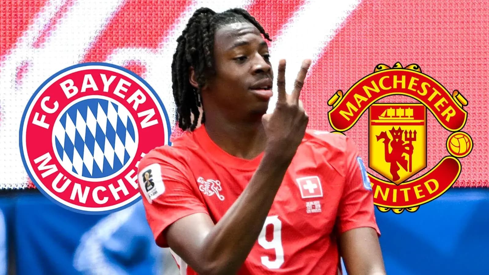 Jugador suizo mostrando dos dedos con logos de Bayern y Manchester Jugador suizo mostrando dos dedos con logos de Bayern y Manchester