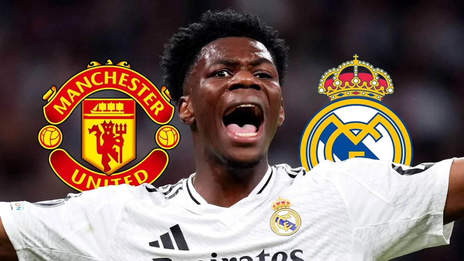 Jugador celebrando con escudos de Manchester United y Real Madrid Jugador celebrando con escudos de Manchester United y Real Madrid