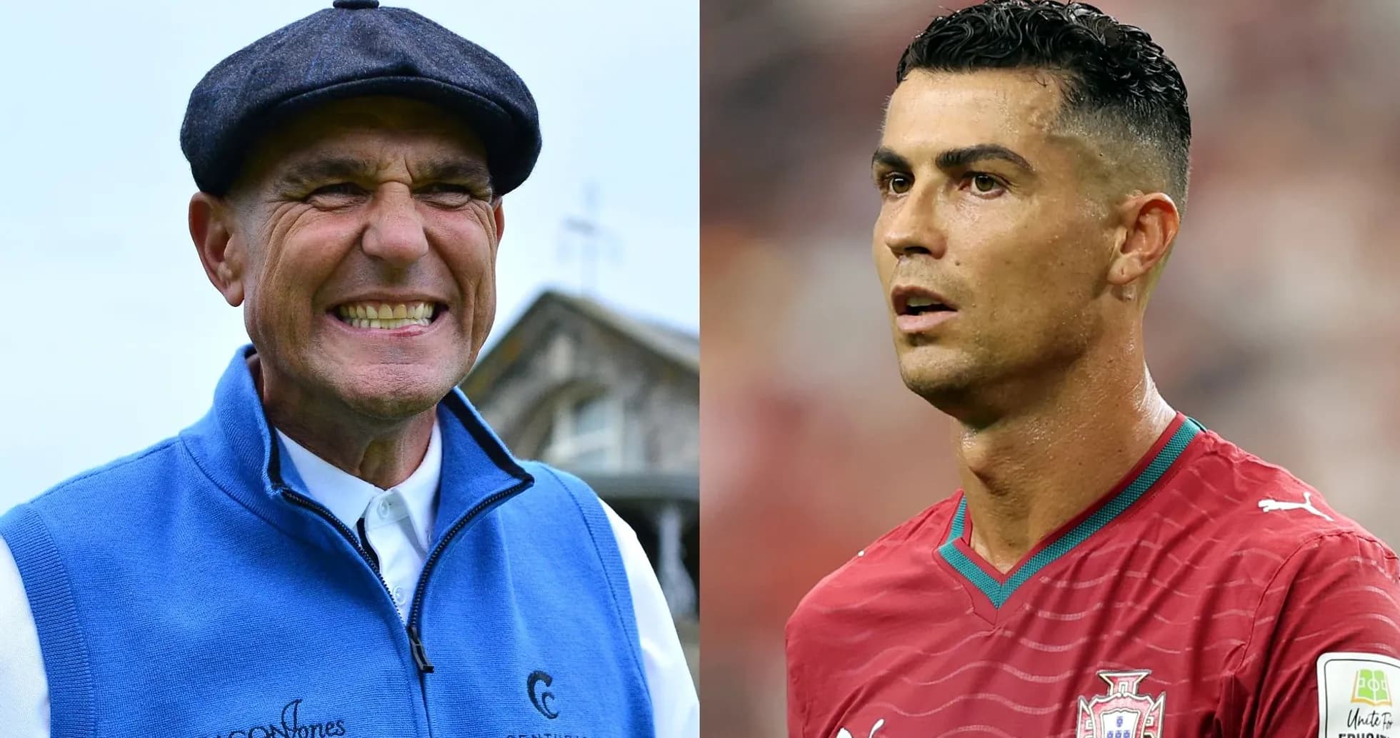Hombre sonriendo junto a Cristiano Ronaldo en partido Hombre sonriendo junto a Cristiano Ronaldo en partido