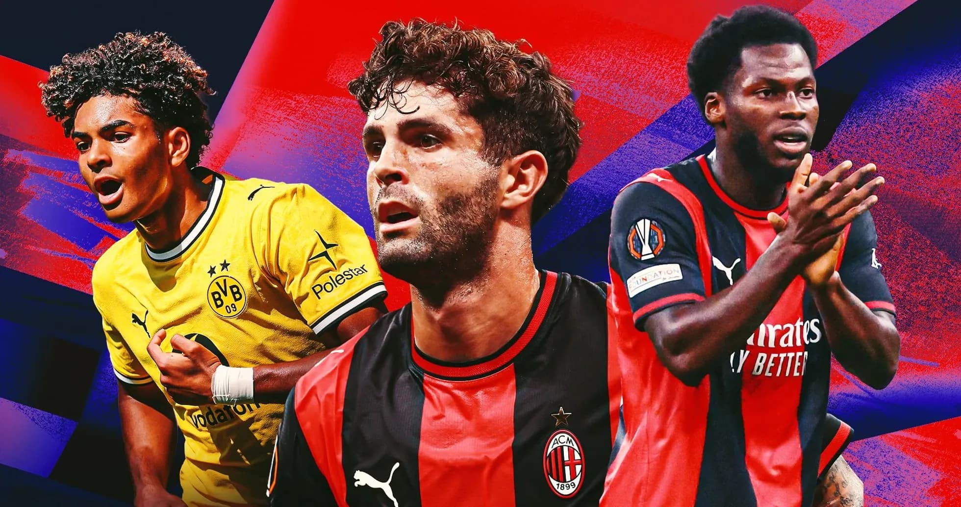 Tres futbolistas en acción con fondos coloridos Tres futbolistas en acción con fondos coloridos