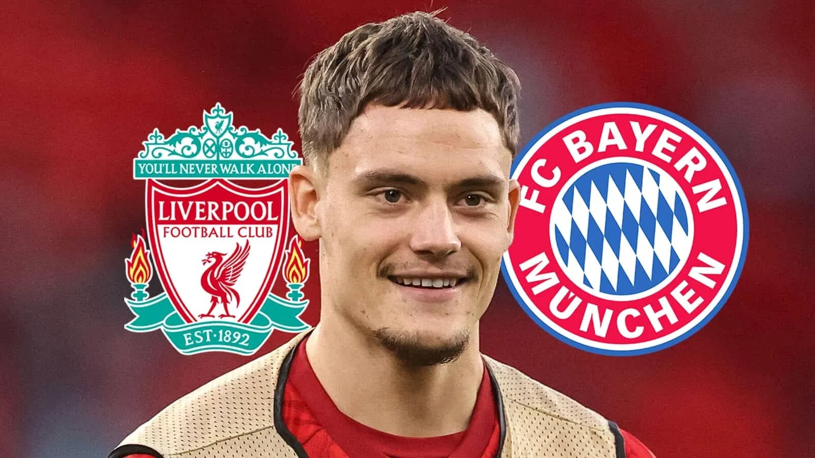 Jugador con logos de Liverpool y Bayern de fondo Jugador con logos de Liverpool y Bayern de fondo