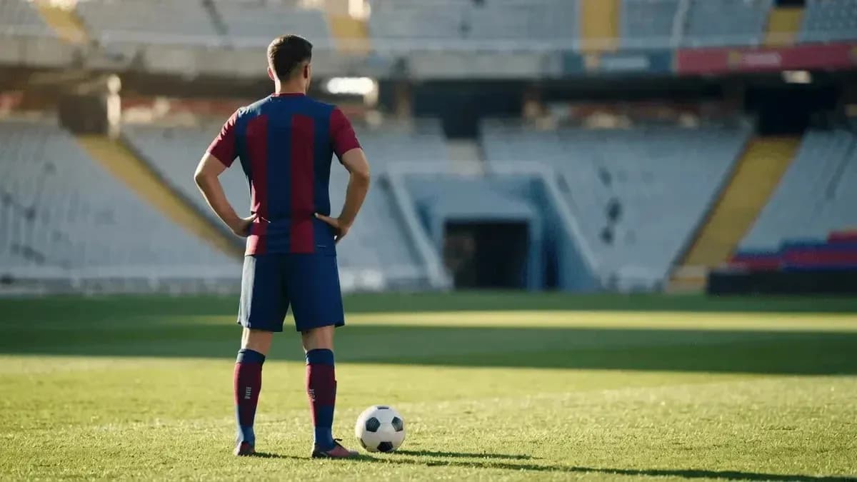 Jugador de fútbol de pie junto al balón en el campo Jugador de fútbol de pie junto al balón en el campo