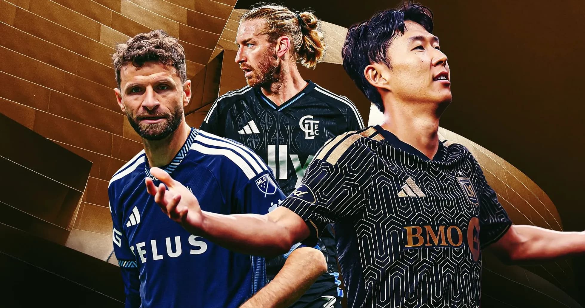 Tres jugadores de fútbol en diferentes camisetas de equipo Tres jugadores de fútbol en diferentes camisetas de equipo