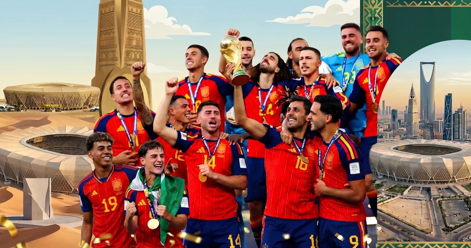 Equipo de España celebrando victoria con trofeo Equipo de España celebrando victoria con trofeo