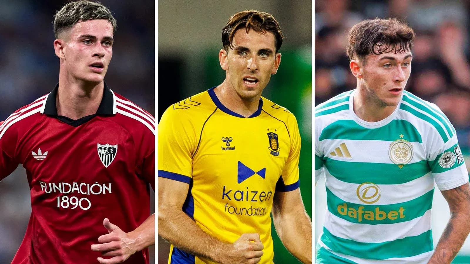 Tres futbolistas en sus respectivas camisetas de clubes Tres futbolistas en sus respectivas camisetas de clubes