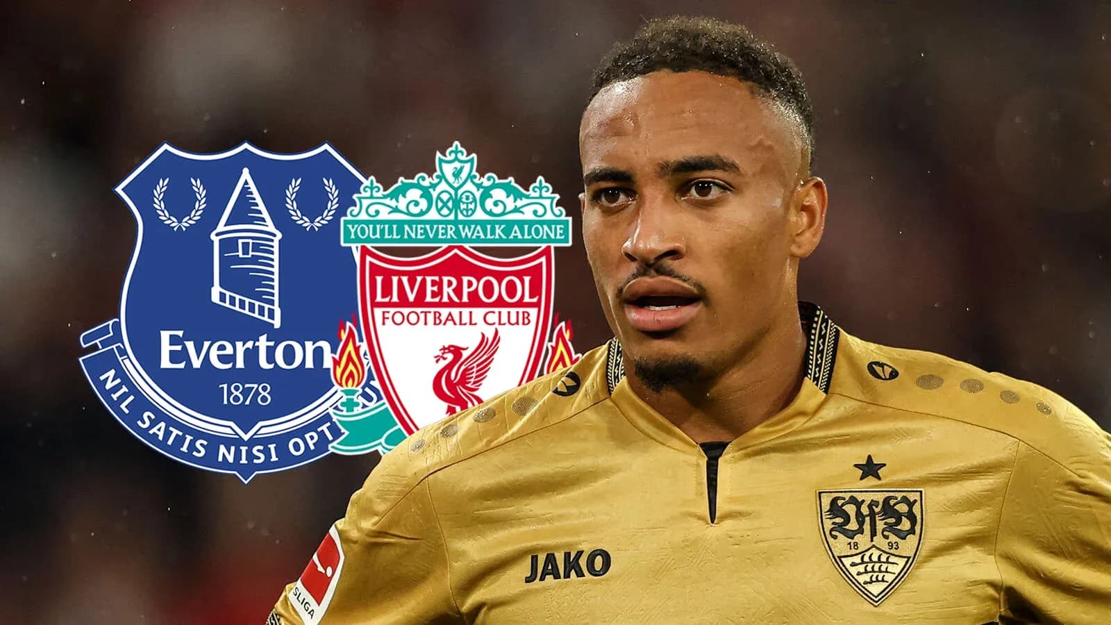 Jugador con camisón en fondo de logos de Everton y Liverpool Jugador con camisón en fondo de logos de Everton y Liverpool