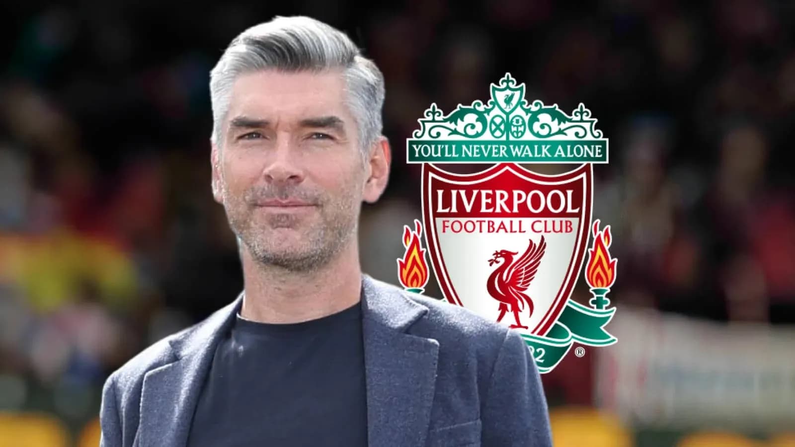 Hombre con fondo del logo de Liverpool FC Hombre con fondo del logo de Liverpool FC