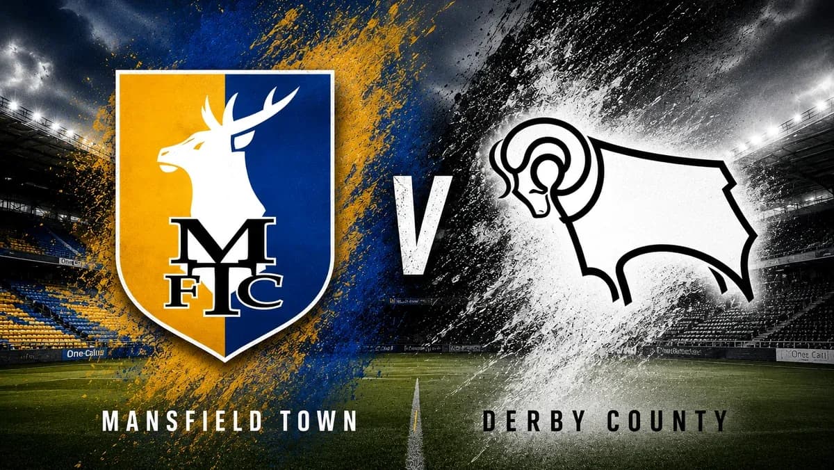 Logos de Mansfield Town y Derby County en fondo de estadio Logos de Mansfield Town y Derby County en fondo de estadio