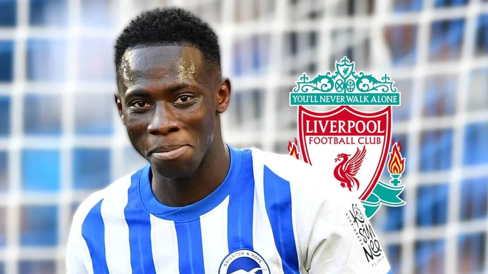 Jugador de Brighton sonriendo frente al logo de Liverpool Jugador de Brighton sonriendo frente al logo de Liverpool
