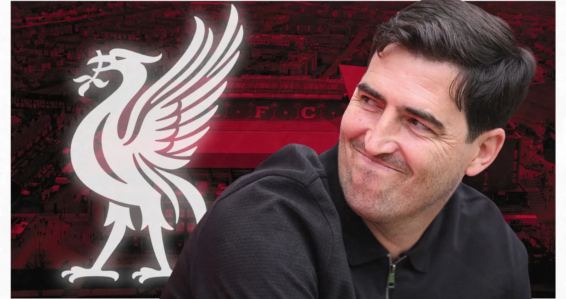 Entrenador sonriente con fondo de Liverpool FC Entrenador sonriente con fondo de Liverpool FC