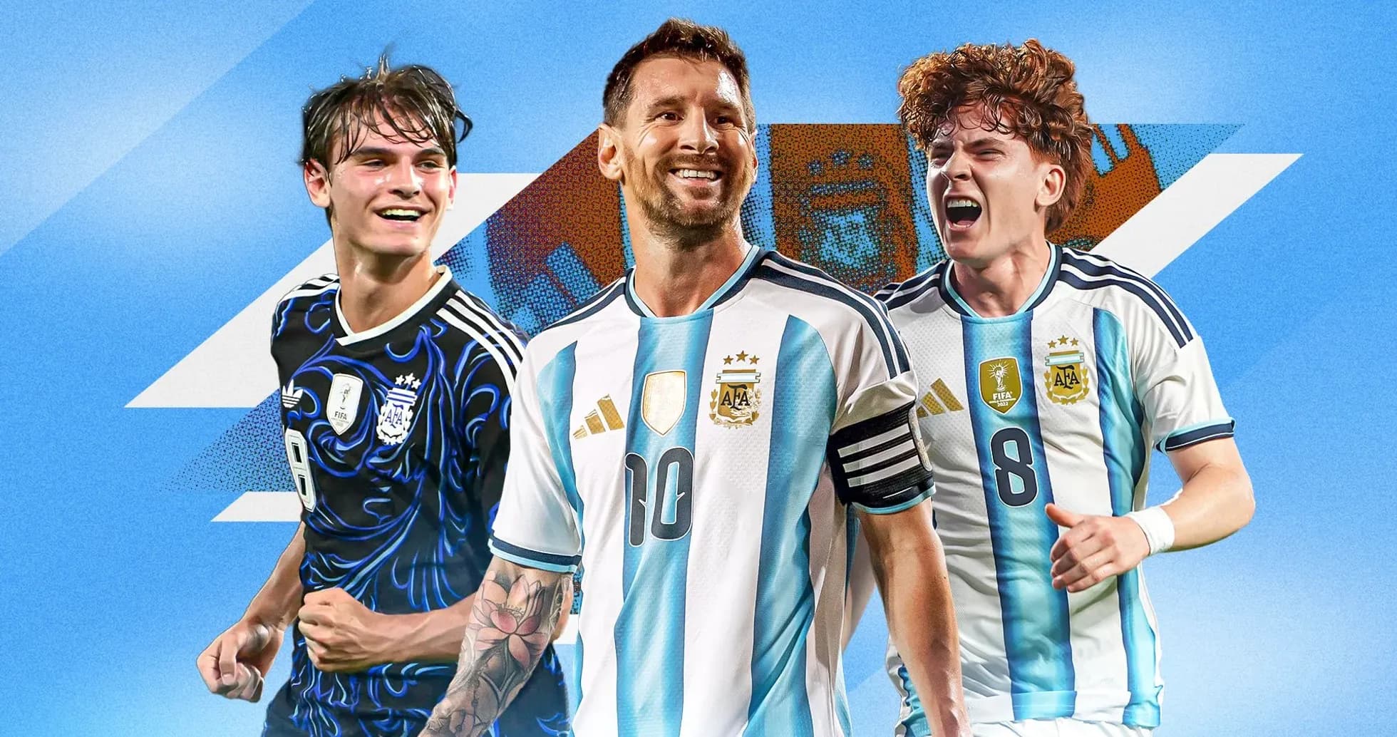 Tres jugadores de Argentina posando juntos sonrientes Tres jugadores de Argentina posando juntos sonrientes