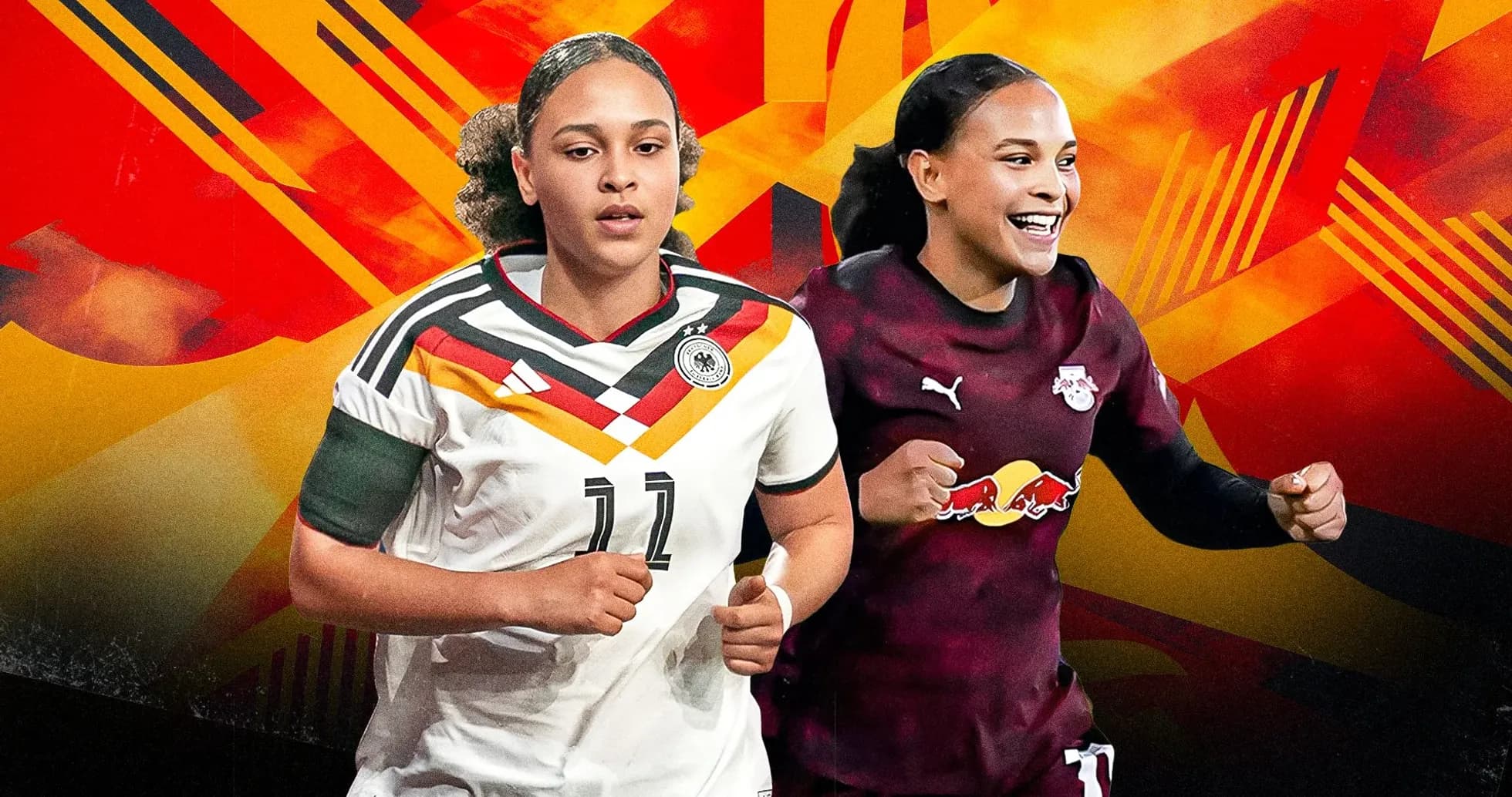 Jugadoras de fútbol en uniforme, fondo colorido Jugadoras de fútbol en uniforme, fondo colorido