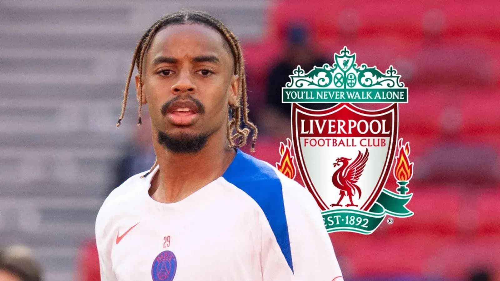 Jugador de PSG con logo de Liverpool en fondo Jugador de PSG con logo de Liverpool en fondo