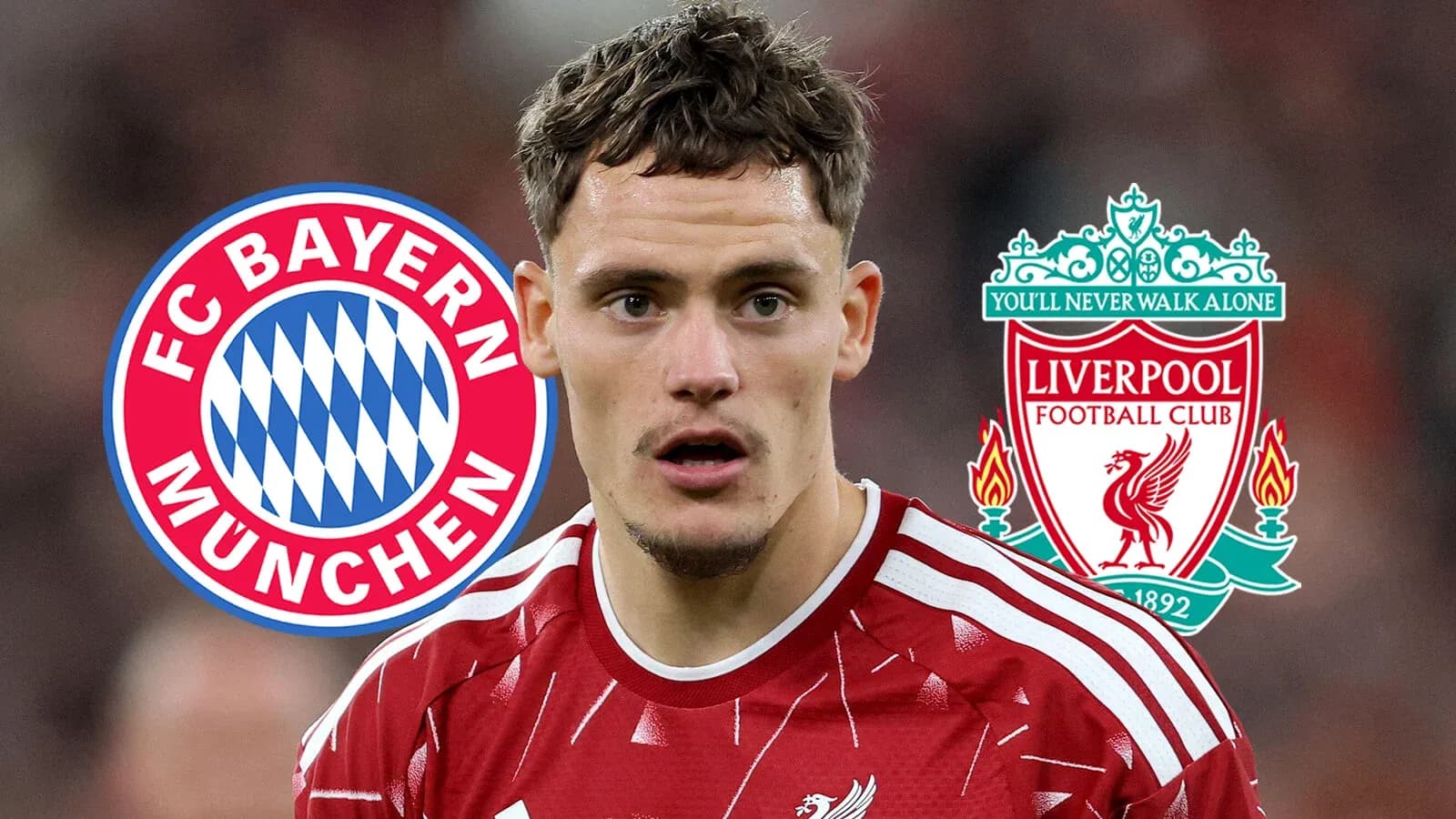 Jugador con camisetas de Bayern y Liverpool en fondo Jugador con camisetas de Bayern y Liverpool en fondo