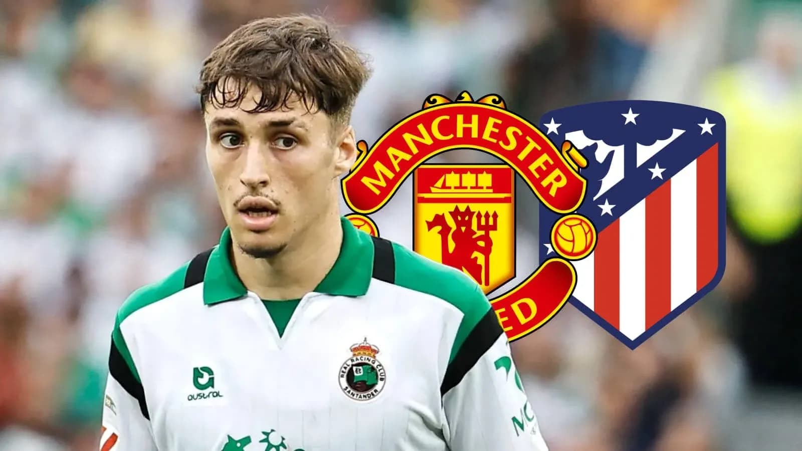 Jugador de fútbol con escudos de Manchester United y Atlético Jugador de fútbol con escudos de Manchester United y Atlético