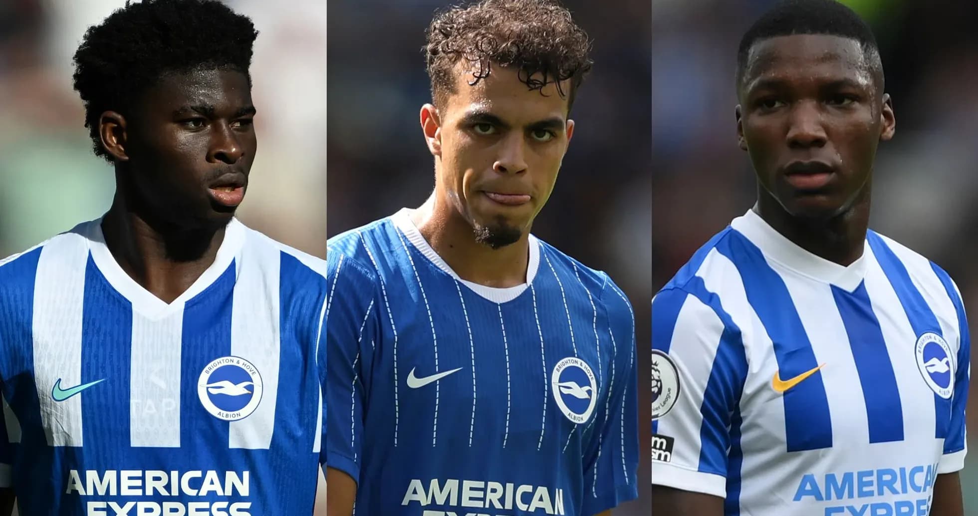 Tres jugadores de Brighton en uniforme azul y blanco Tres jugadores de Brighton en uniforme azul y blanco
