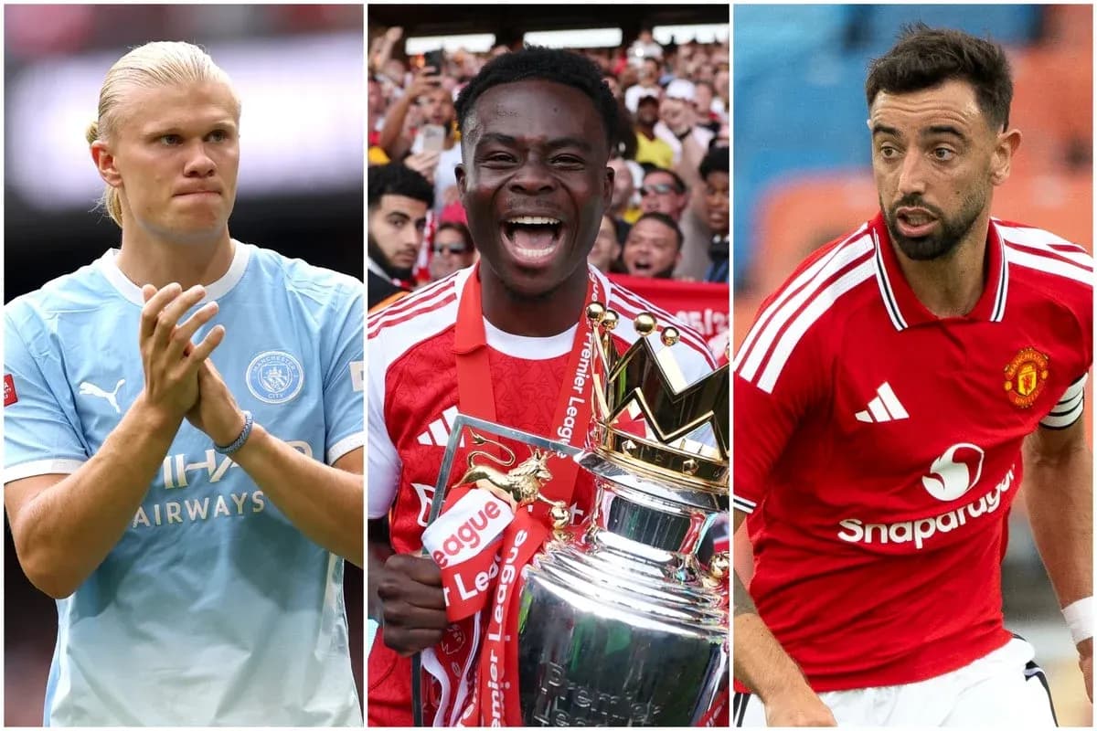Tres futbolistas posando, uno con trofeo Premier League Tres futbolistas posando, uno con trofeo Premier League