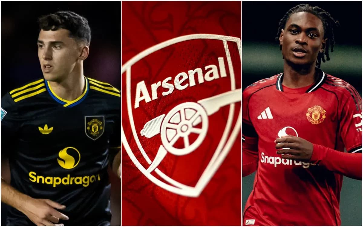 Jugadores de Arsenal y Manchester United con logotipos Jugadores de Arsenal y Manchester United con logotipos