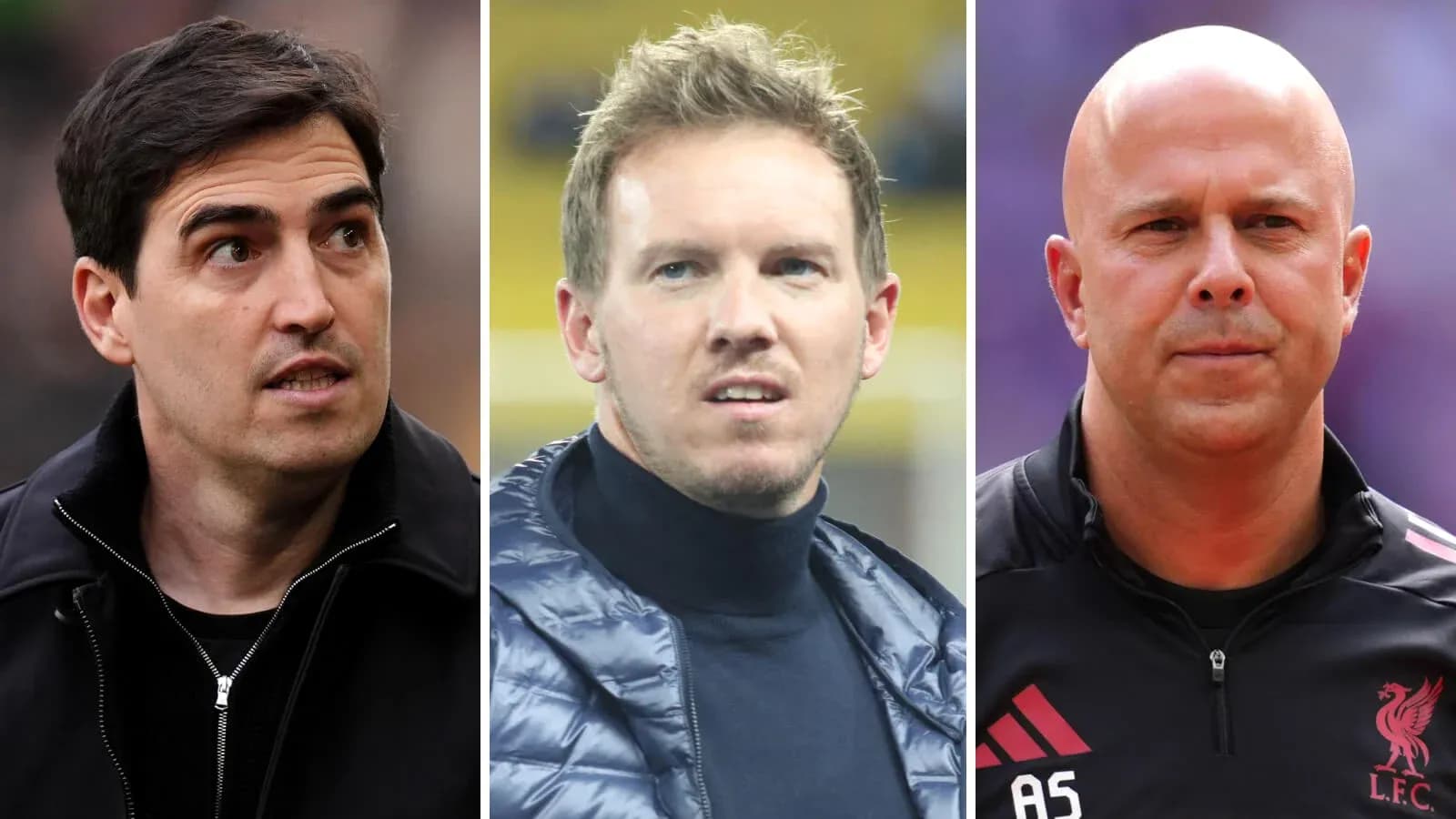 Tres entrenadores en diferentes escenarios deportivos Tres entrenadores en diferentes escenarios deportivos