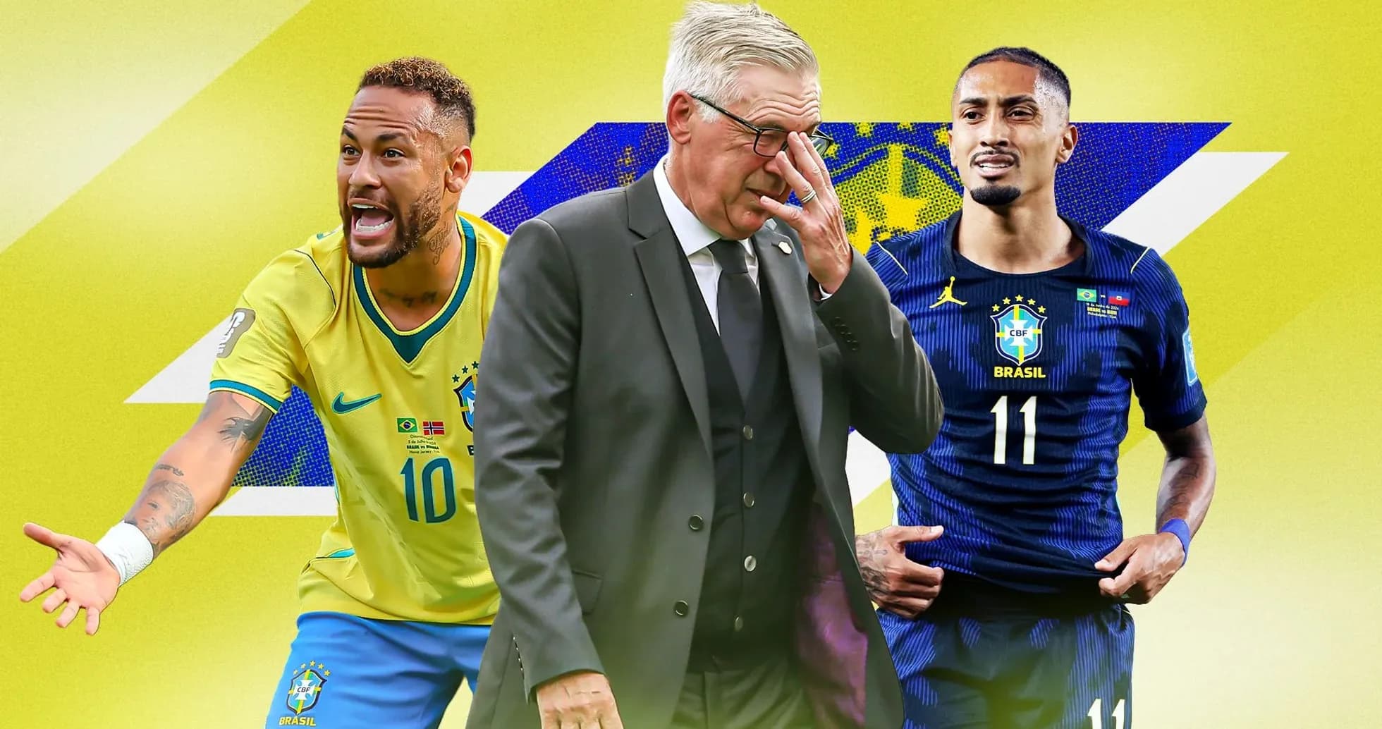 Jugadores de Brasil y entrenador en fondo amarillo Jugadores de Brasil y entrenador en fondo amarillo
